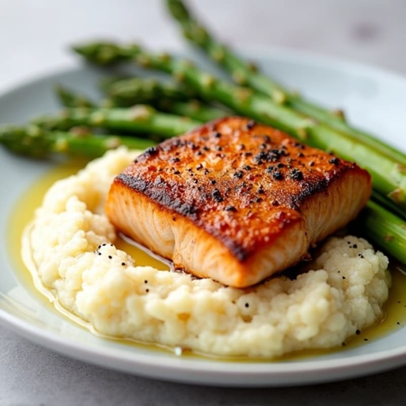 Seared Salmon with Steamed Asparagus and Cauliflower Mash