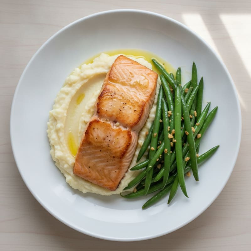 Seared Salmon with Garlic Green Beans and Cauliflower Mash