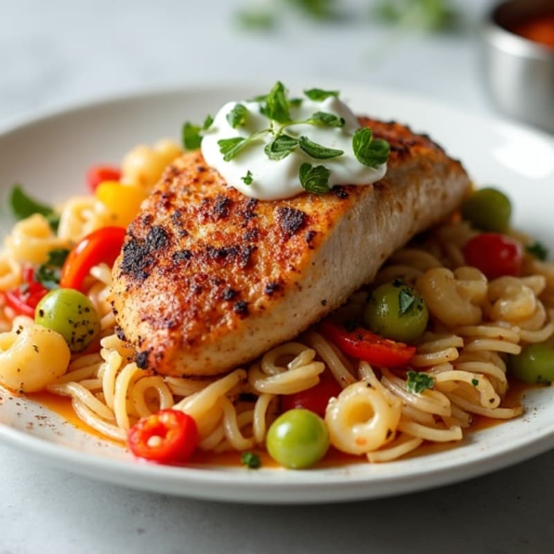 Spicy Blackened Chicken with Creamy Whole Wheat Pasta and Roasted Vegetables