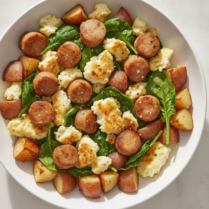 Crispy Egg White and Turkey Sausage Breakfast Bowl with Spinach