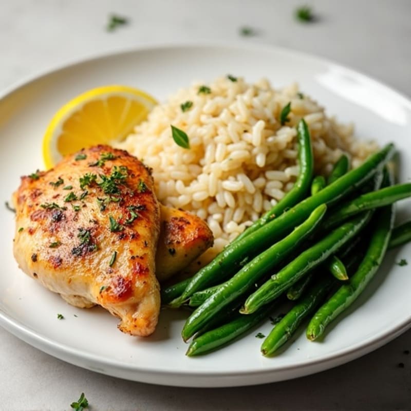 Lemon Herb Roasted Chicken with Fluffy Rice Pilaf and Crispy Green Beans