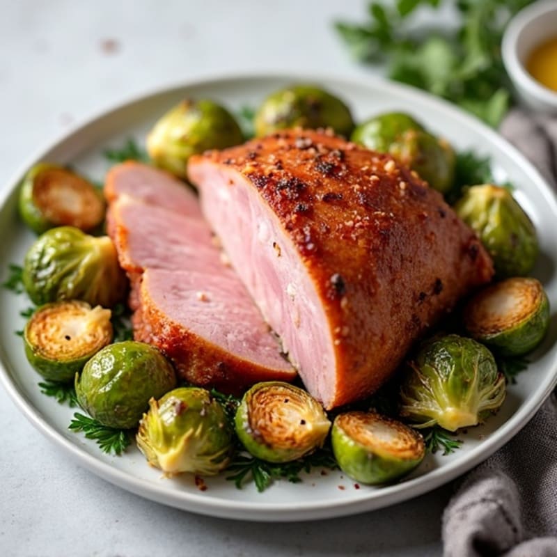 Roasted Ham with Crispy Brussels Sprouts