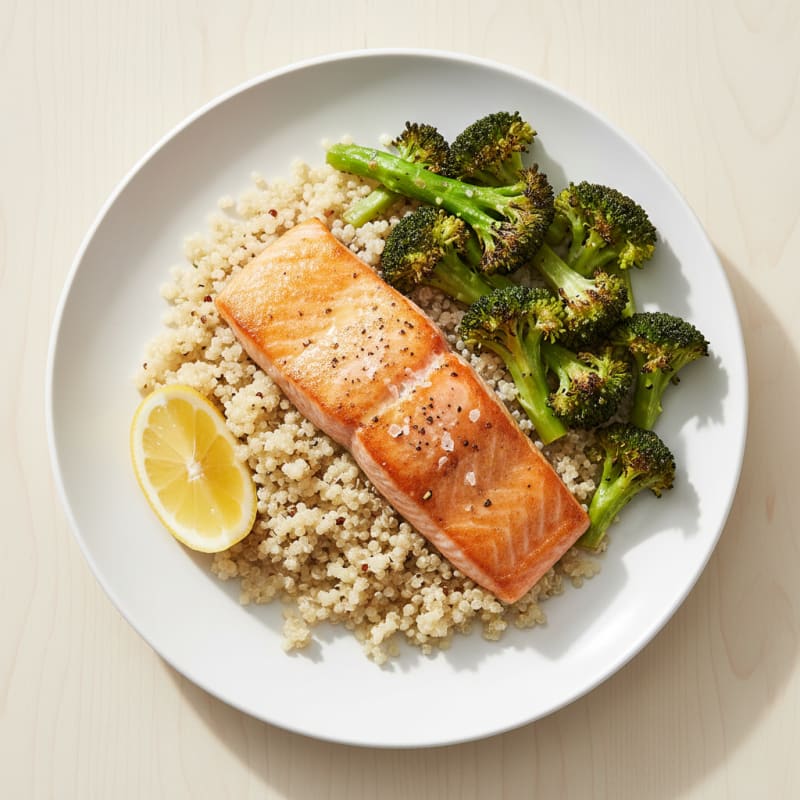 Seared Salmon Fillet with Roasted Broccoli and Quinoa