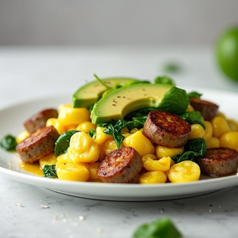 Egg White and Turkey Sausage Scramble with Sautéed Spinach and Avocado