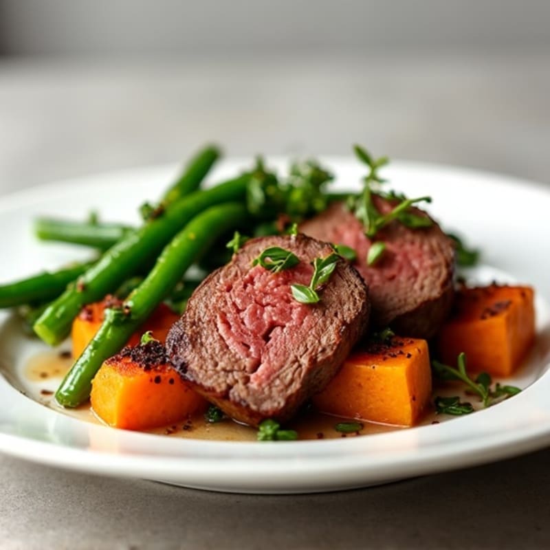 Lean Beef with Roasted Sweet Potatoes and Crispy Green Beans