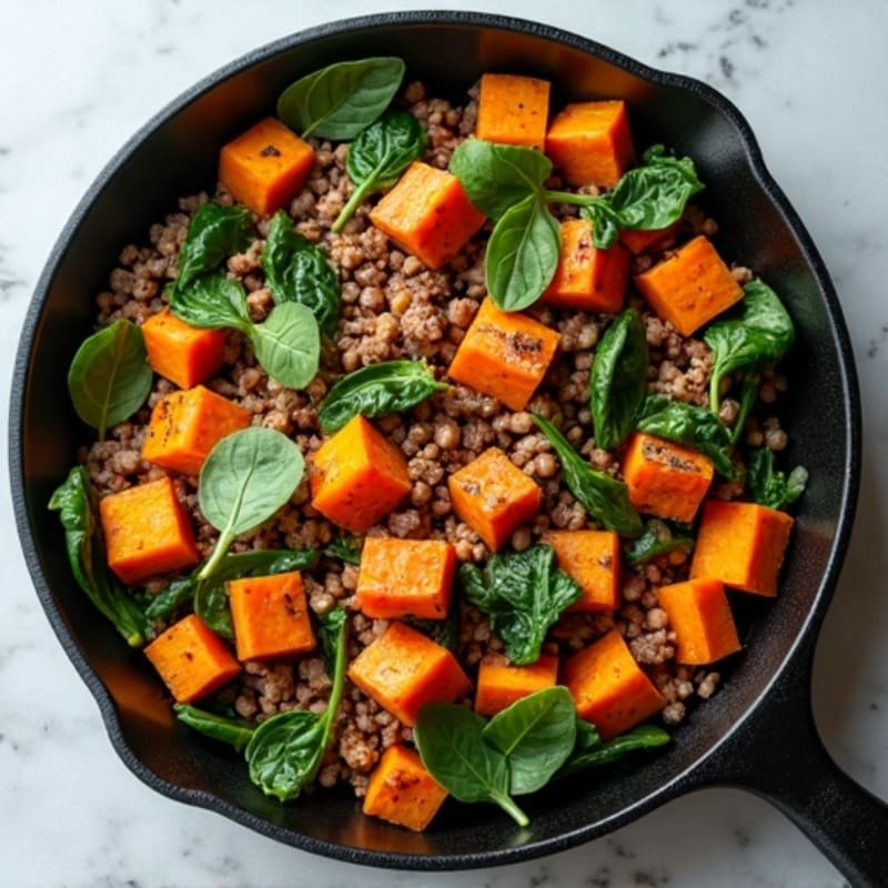 Crispy Sweet Potato and Lean Ground Turkey Skillet with Fresh Spinach
