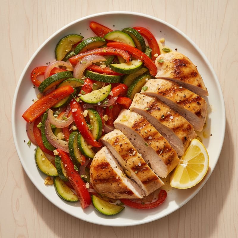 Pan-Seared Lemon Herb Chicken with Sautéed Garden Vegetables