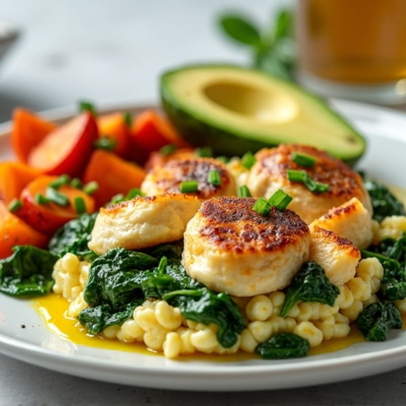 Egg White and Turkey Sausage Scramble with Spinach and Roasted Sweet Potato