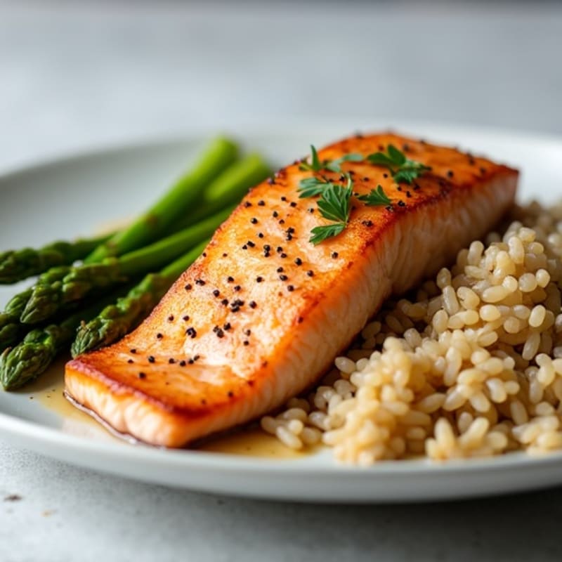 Seared Salmon with Steamed Asparagus and Brown Rice