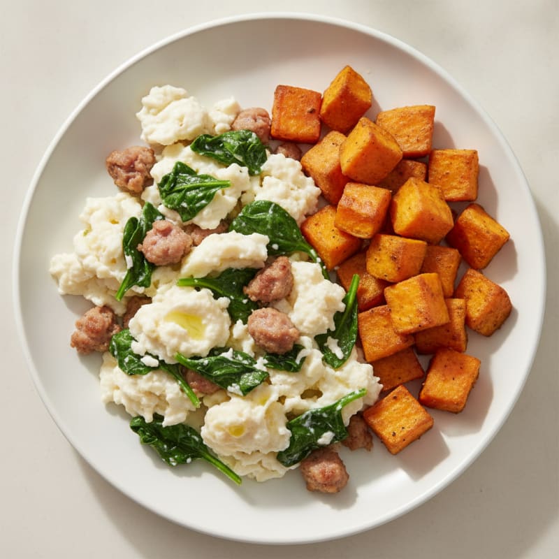 Egg White and Turkey Sausage Scramble with Spinach and Roasted Sweet Potatoes