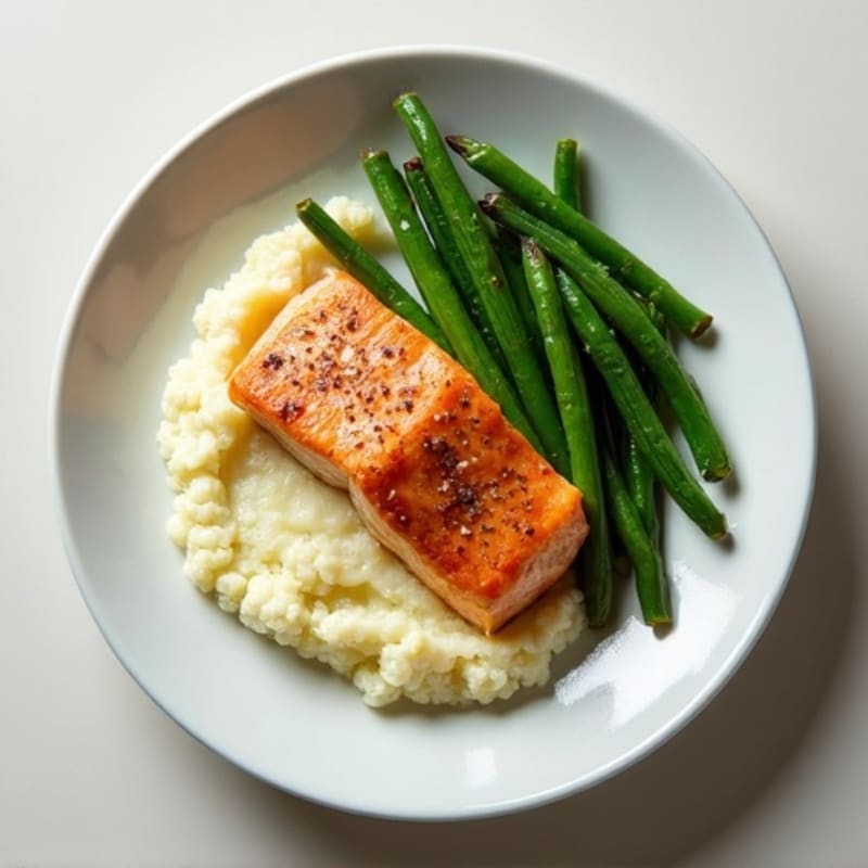 Seared Salmon with Garlic Green Beans and Cauliflower Mash