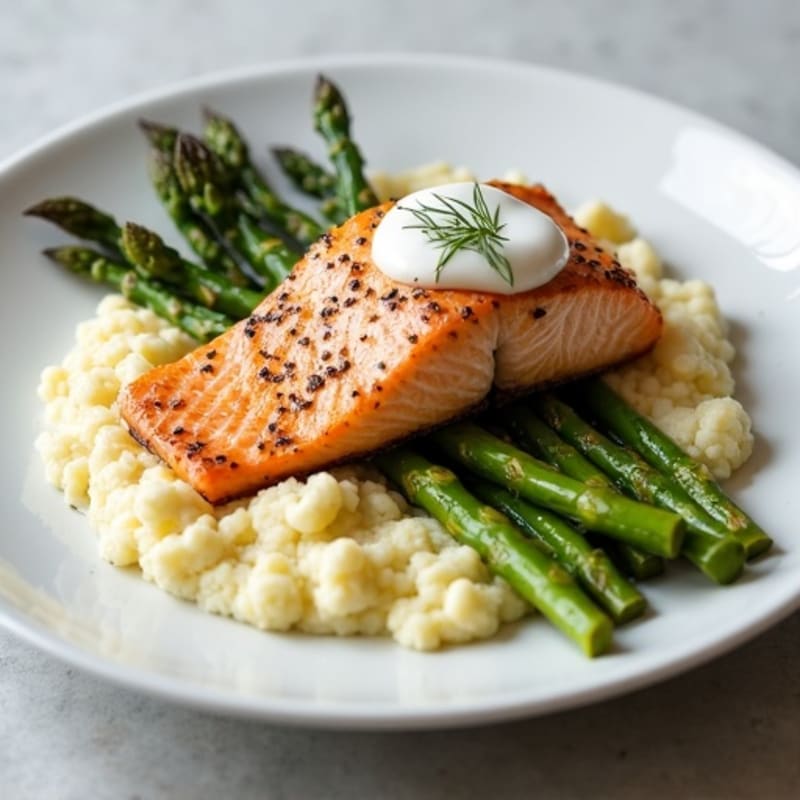 Seared Salmon with Roasted Asparagus and Cauliflower Mash