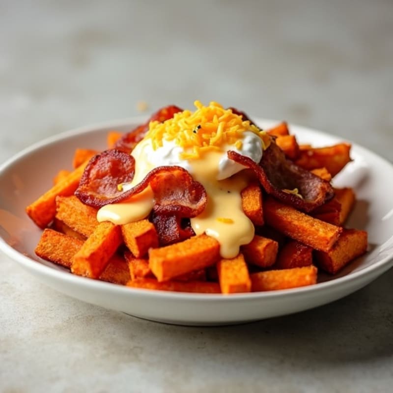 Crispy Sweet Potato Fries with Smoky Bacon and Creamy Cheesy Sauce