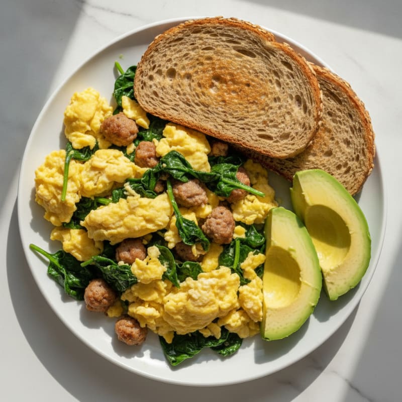 Scrambled Eggs with Turkey Sausage and Sautéed Spinach
