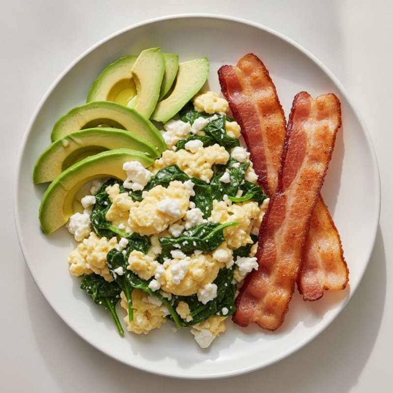 Cottage Cheese Egg Scramble with Spinach and Turkey Bacon