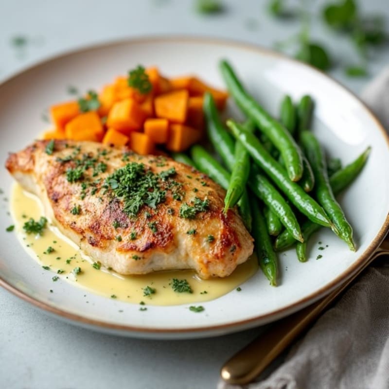Creamy Herb Chicken with Roasted Sweet Potato and Crispy Green Beans