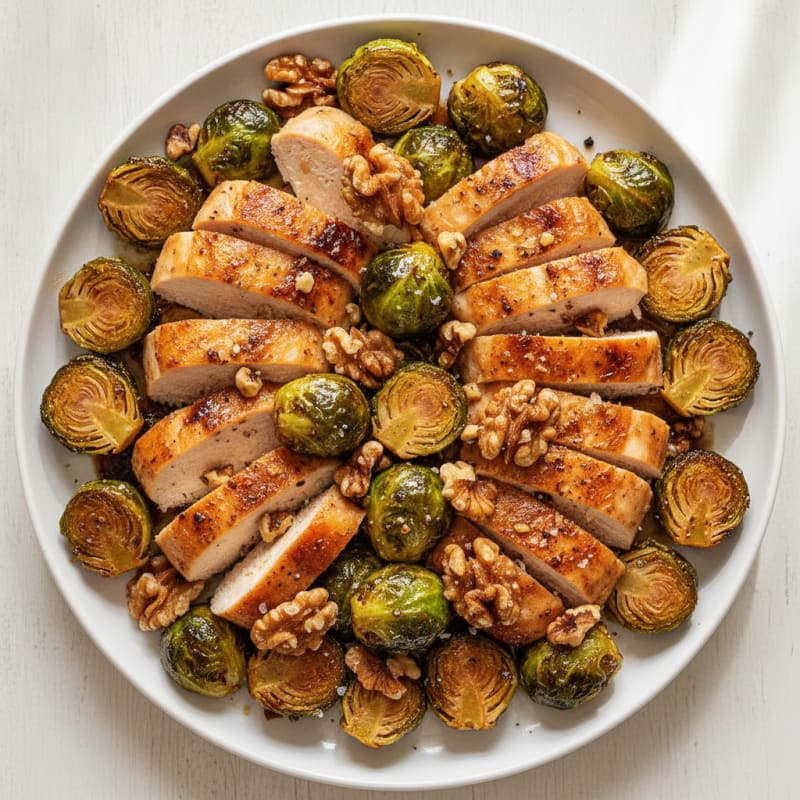 Balsamic-Glazed Brussels Sprouts with Roasted Chicken and Toasted Walnuts