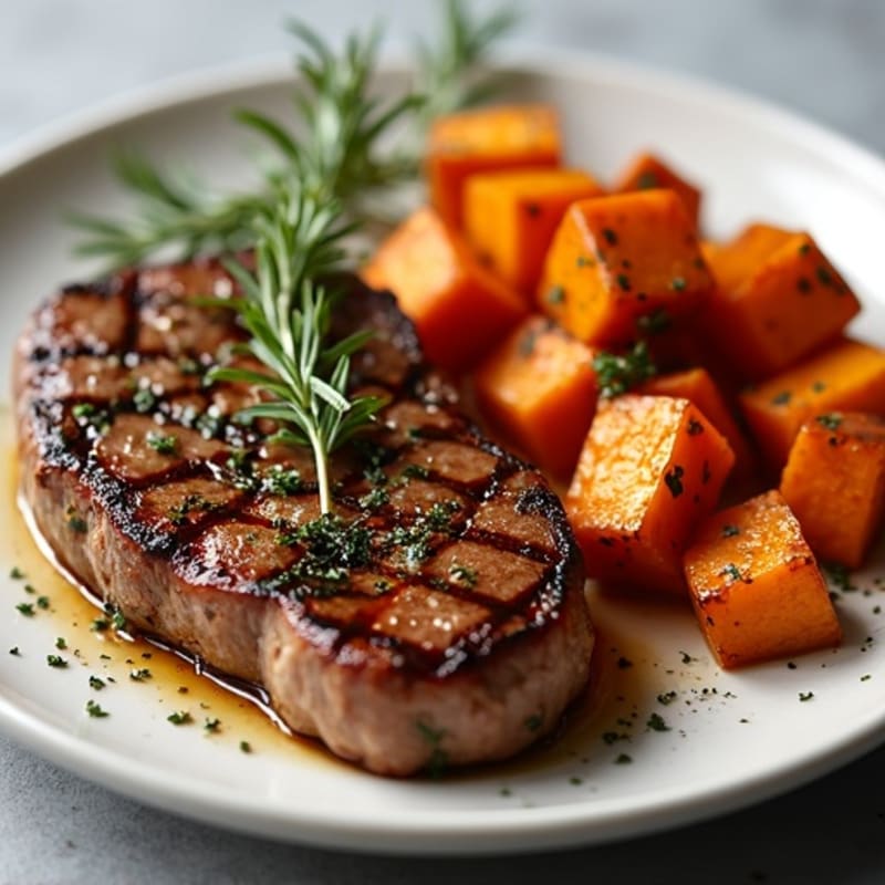 Garlic-Herb Seared Steak with Maple-Roasted Sweet Potatoes