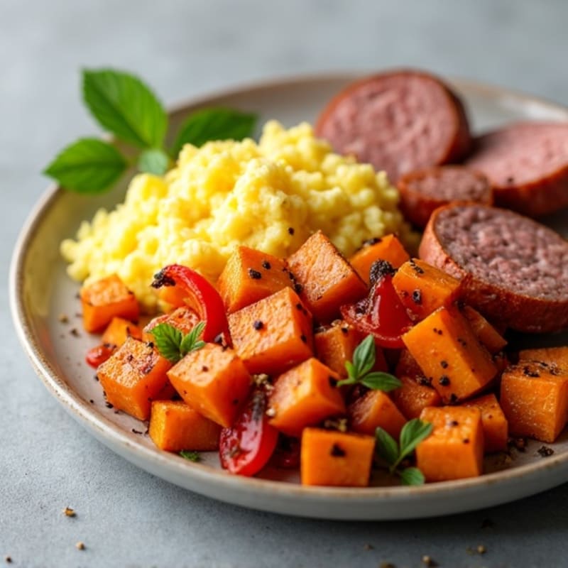 Crispy Sweet Potato and Bell Pepper Hash with Scrambled Eggs and Lean Turkey Sausage