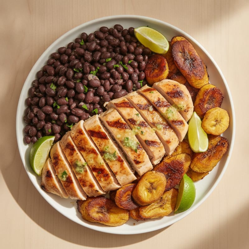 Grilled Citrus-Garlic Chicken Breast with Black Beans and Roasted Plantains