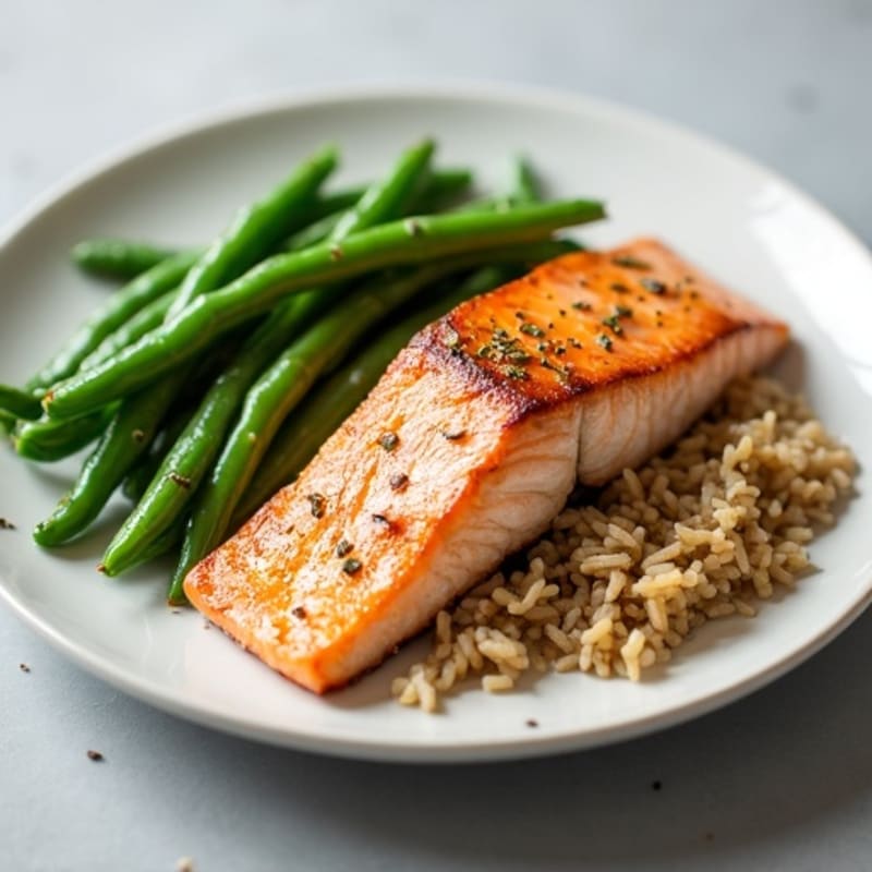 Seared Salmon Fillet with Garlic Green Beans and Brown Rice
