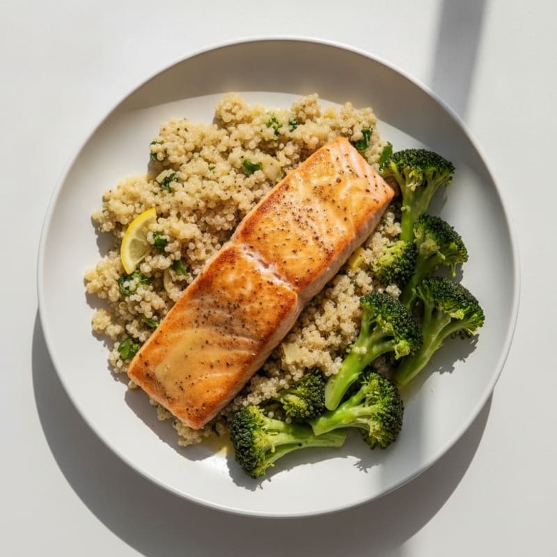 Seared Salmon Fillet with Steamed Broccoli and Lemon Zest Quinoa