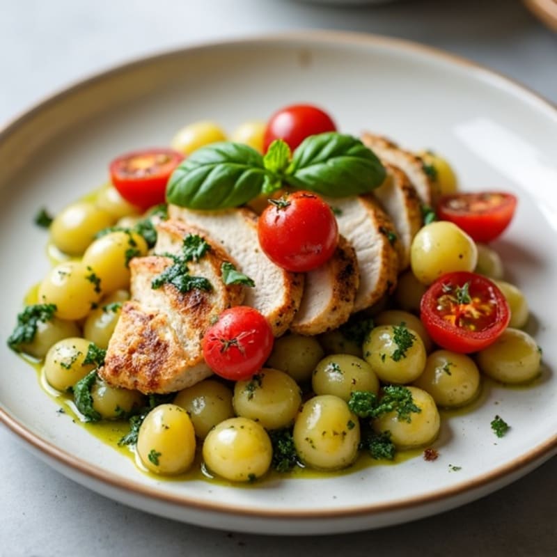 Basil Pesto Potato Gnocchi with Roasted Cherry Tomatoes and Grilled Chicken