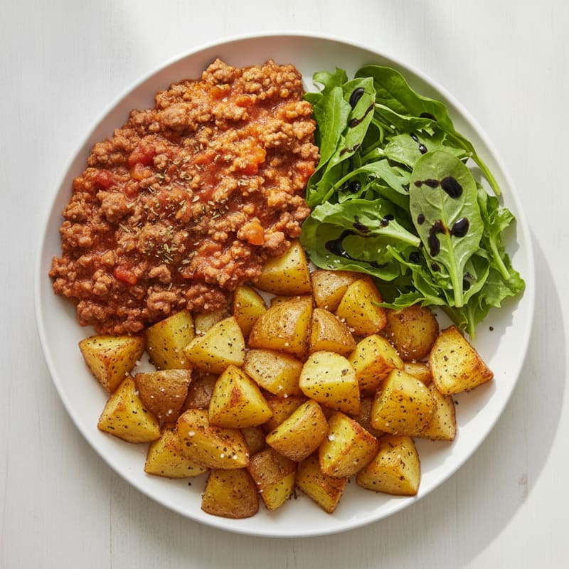 Beef Bolognese with Roasted Potatoes and Salad