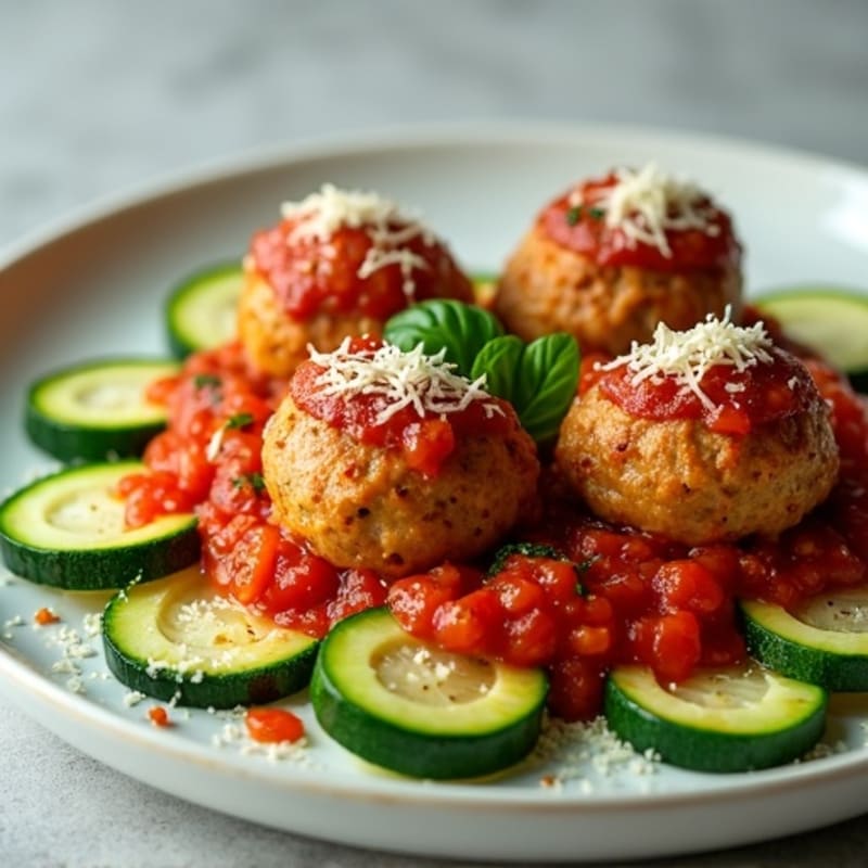 Baked Lean Turkey Meatballs with Fresh Herb Marinara and Zucchini Ribbons