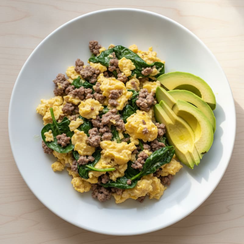 Scrambled Eggs with Lean Ground Beef and Spinach