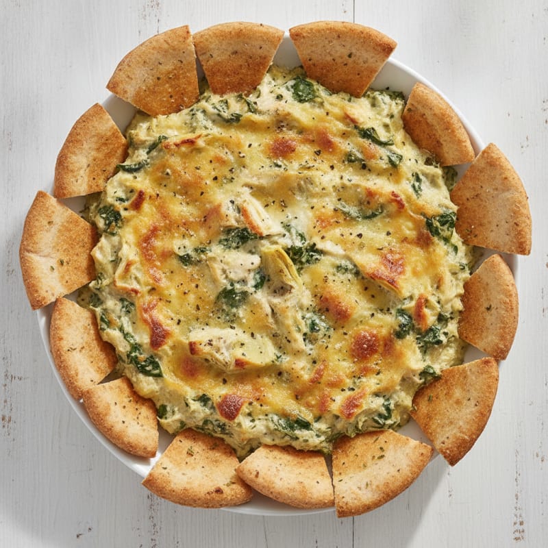 Baked Spinach Artichoke Dip with Toasted Pita