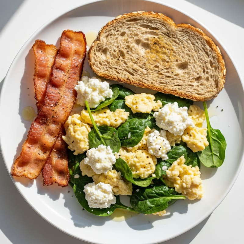 Crispy Turkey Bacon Egg White Scramble with Spinach and Cottage Cheese