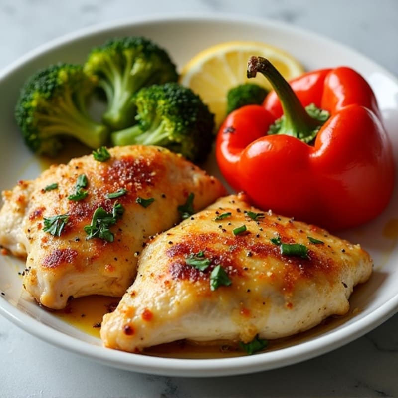 Lemon-Garlic Roasted Chicken with Crispy Broccoli and Roasted Bell Peppers