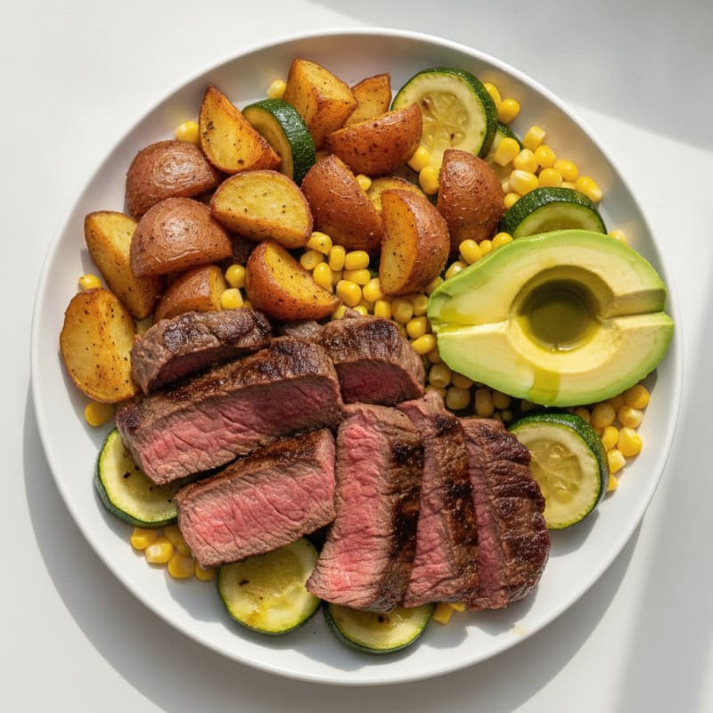 Seared Steak with Roasted Potatoes and Corn