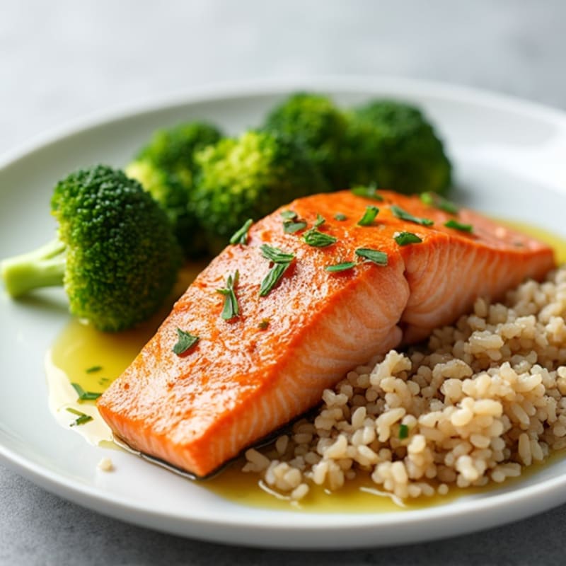 Baked Salmon with Steamed Broccoli and Brown Rice