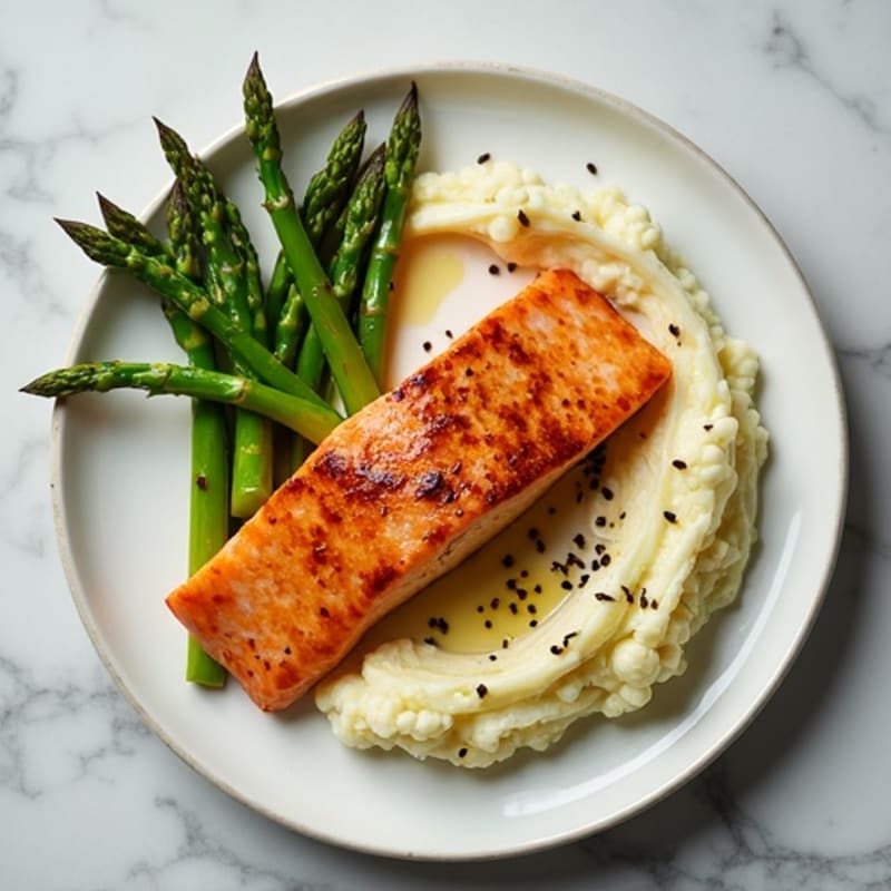 Seared Salmon with Steamed Asparagus and Cauliflower Mash