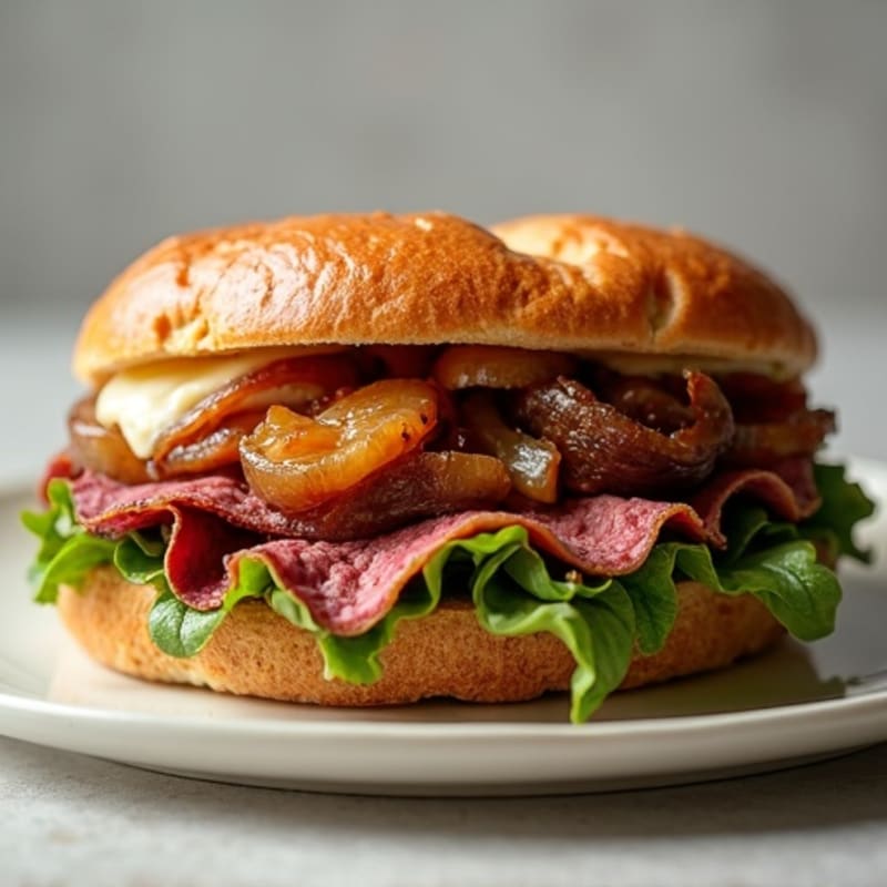 Lean Seared Beef and Caramelized Onion Sandwich with Creamy Provolone