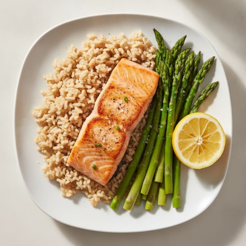 Seared Salmon with Steamed Asparagus and Brown Rice