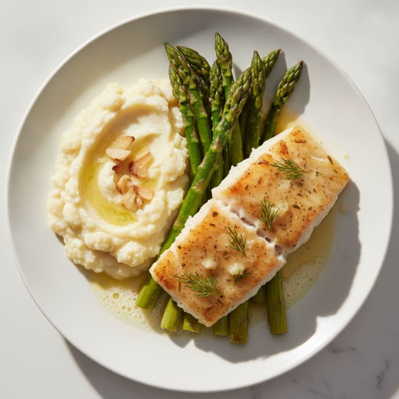 Baked Cod with Roasted Asparagus and Garlic Mashed Cauliflower