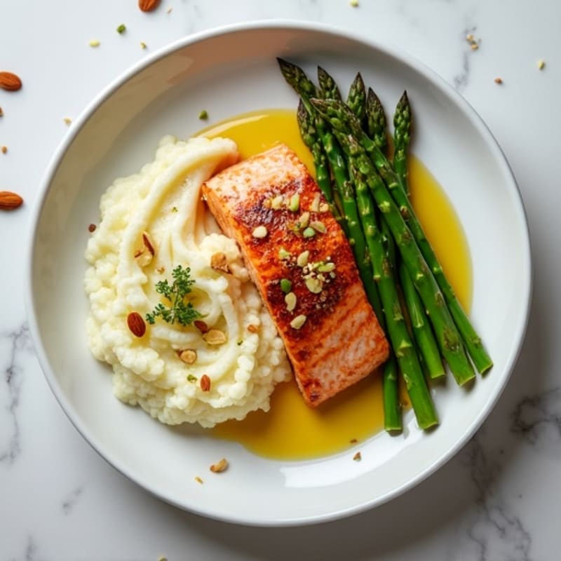 Seared Salmon with Steamed Asparagus and Cauliflower Mash