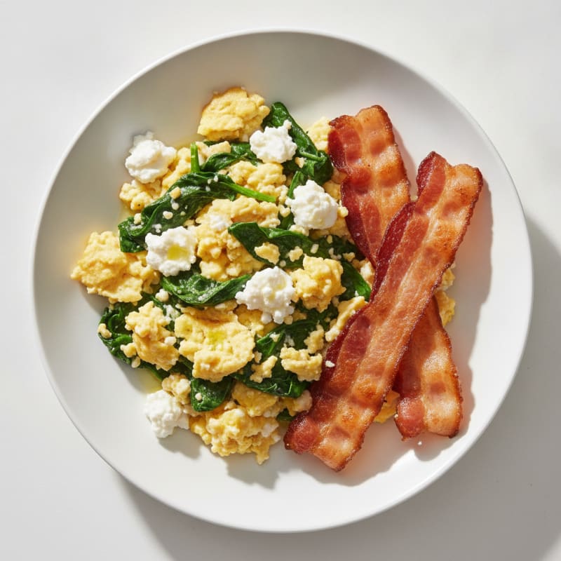 Cottage Cheese Egg Scramble with Spinach and Turkey Bacon