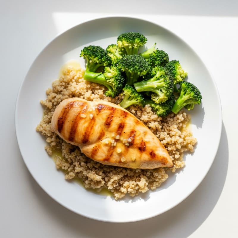 Grilled Lemon-Garlic Chicken Breast with Quinoa and Steamed Broccoli