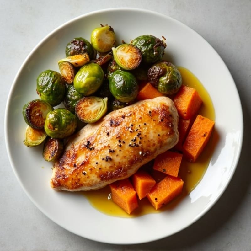 Roasted Sweet Potato and Chicken with Crispy Brussels Sprouts