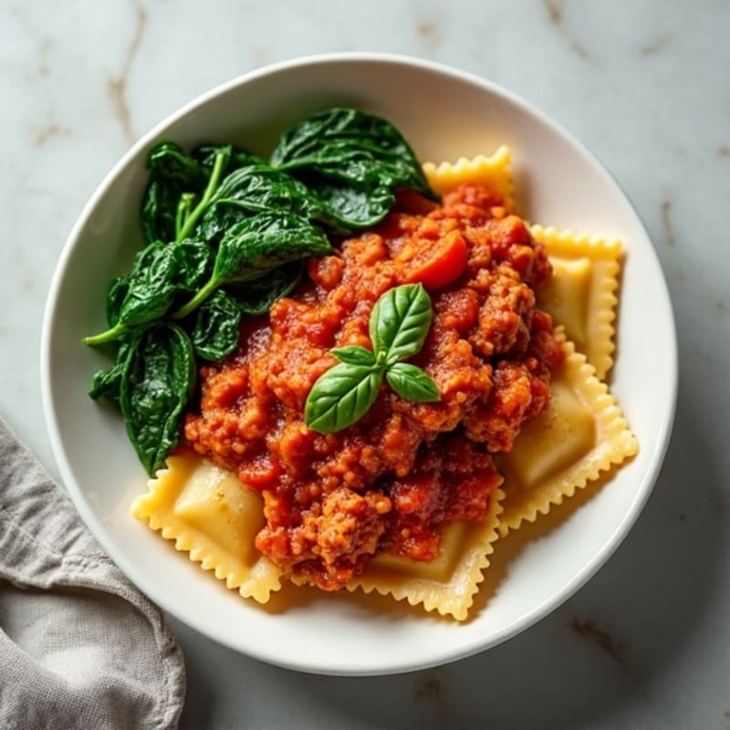 Whole Wheat Ravioli with Lean Turkey Meat Sauce and Sautéed Spinach