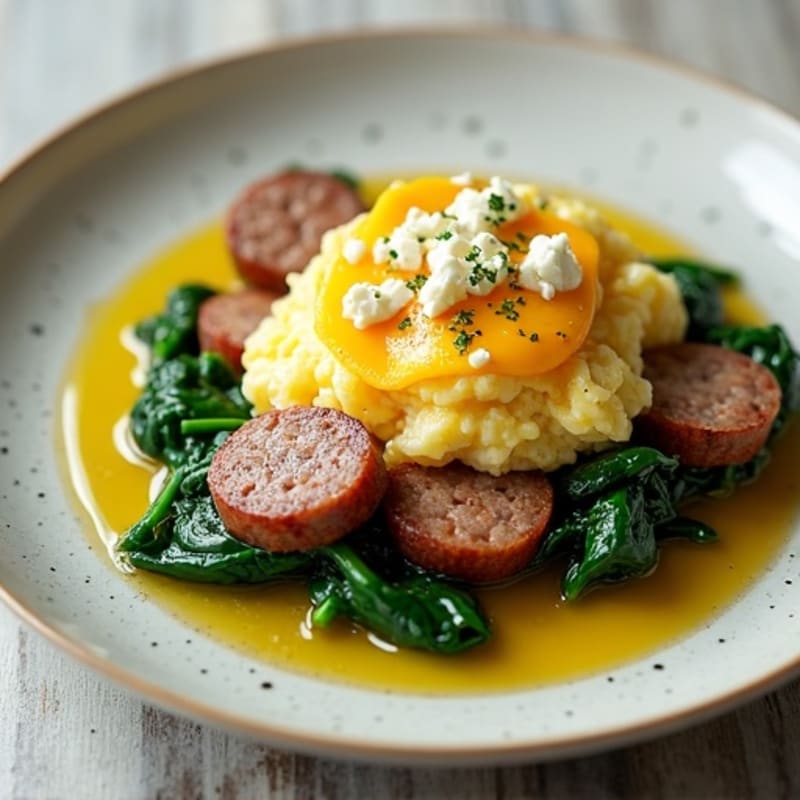 Egg White Scramble with Turkey Sausage and Sautéed Spinach