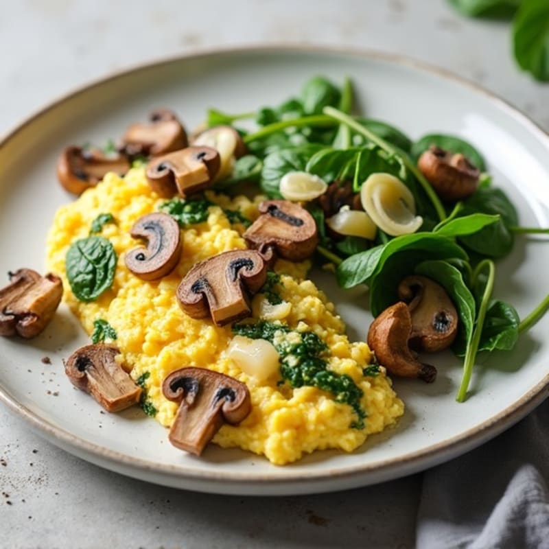 Creamy Cottage Cheese and Spinach Scramble with Sautéed Mushrooms