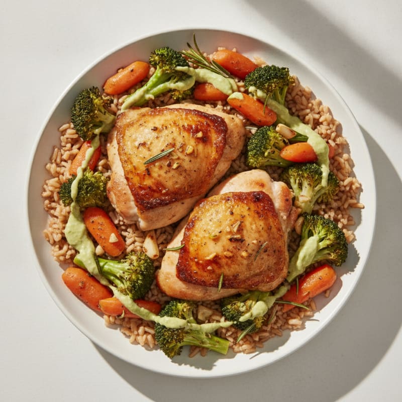 Roasted Chicken Thighs with Garlic Herb Vegetables and Brown Rice