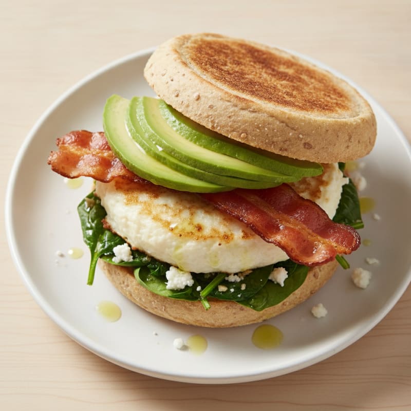 Crispy Turkey Bacon and Egg White Breakfast Sandwich with Sautéed Spinach