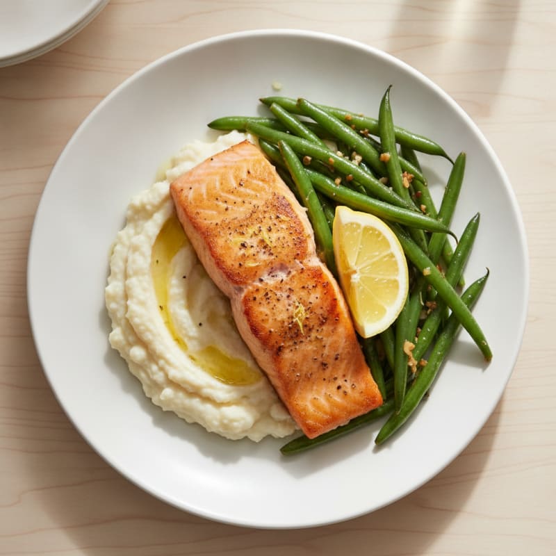 Seared Salmon Fillet with Garlic Green Beans and Cauliflower Mash