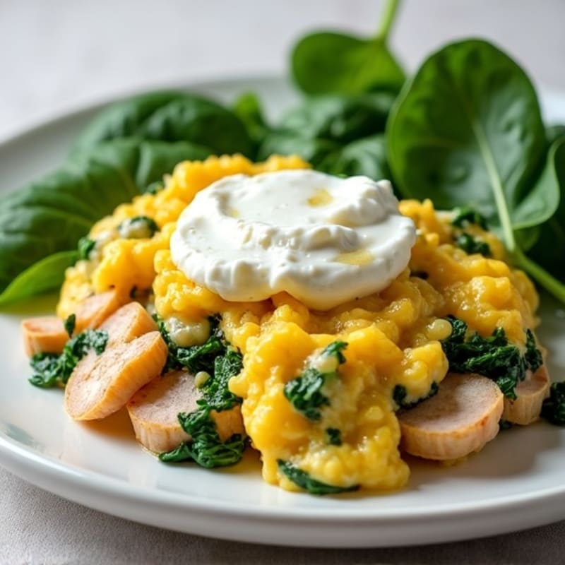 Egg White and Turkey Spinach Scramble with Cottage Cheese